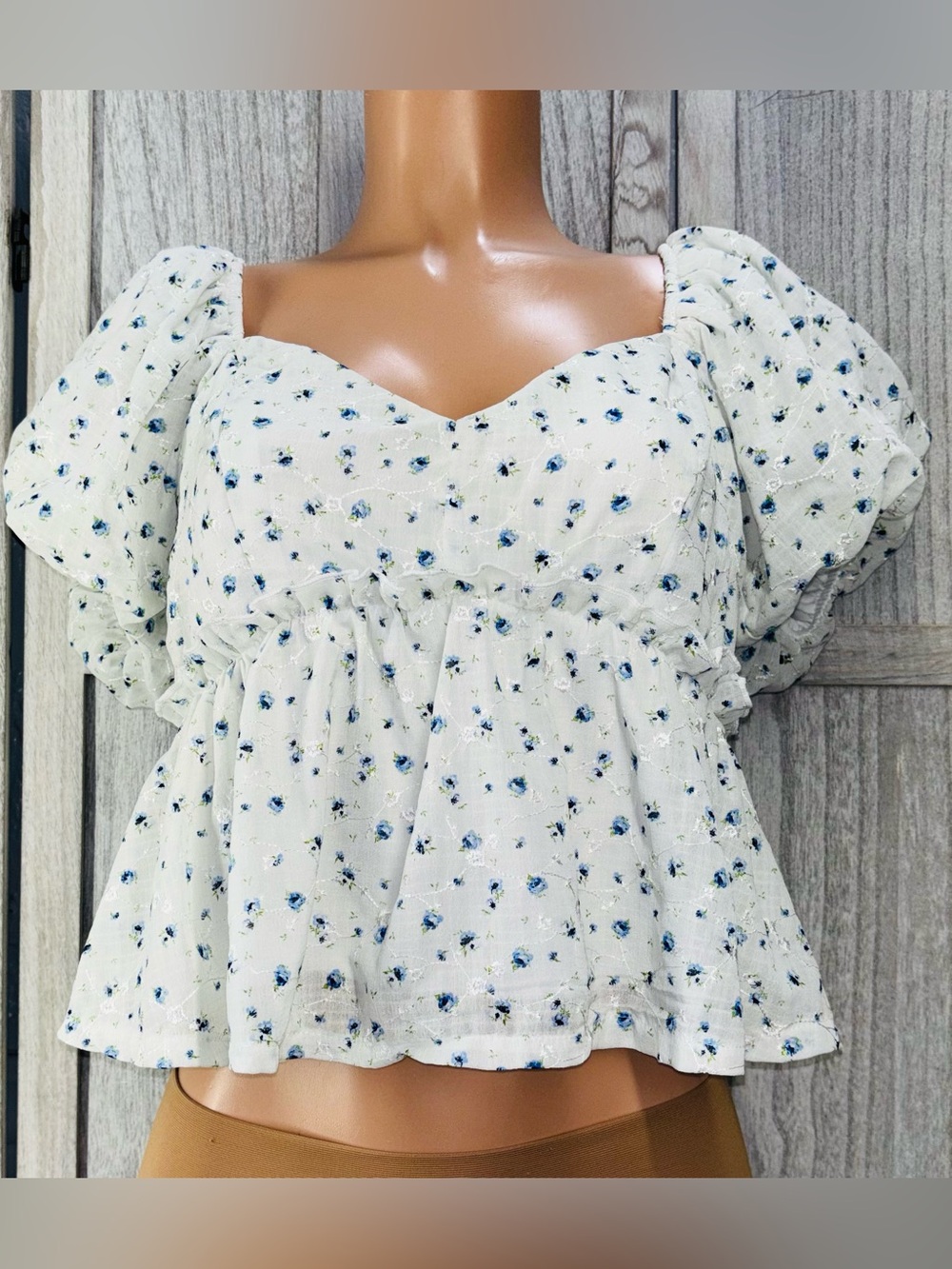 Trixxi White Babydoll Crop Top with Blue Floral